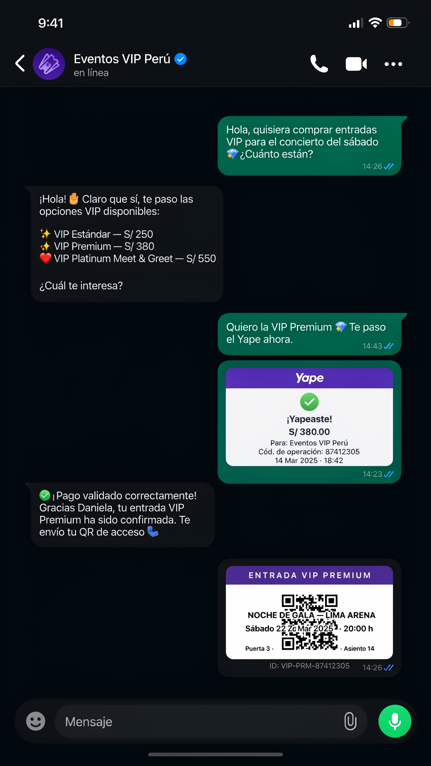 Conversación WhatsApp — compra de entradas con pago Yape validado por IA